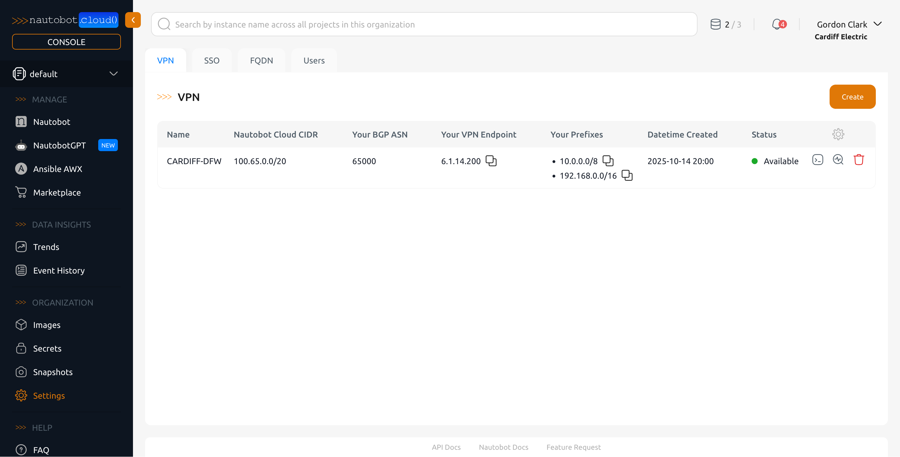 List of VPNs showing the newly created one.