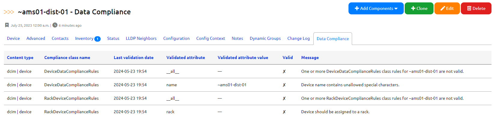 Data Compliance Object Tab View - Non-Compliant