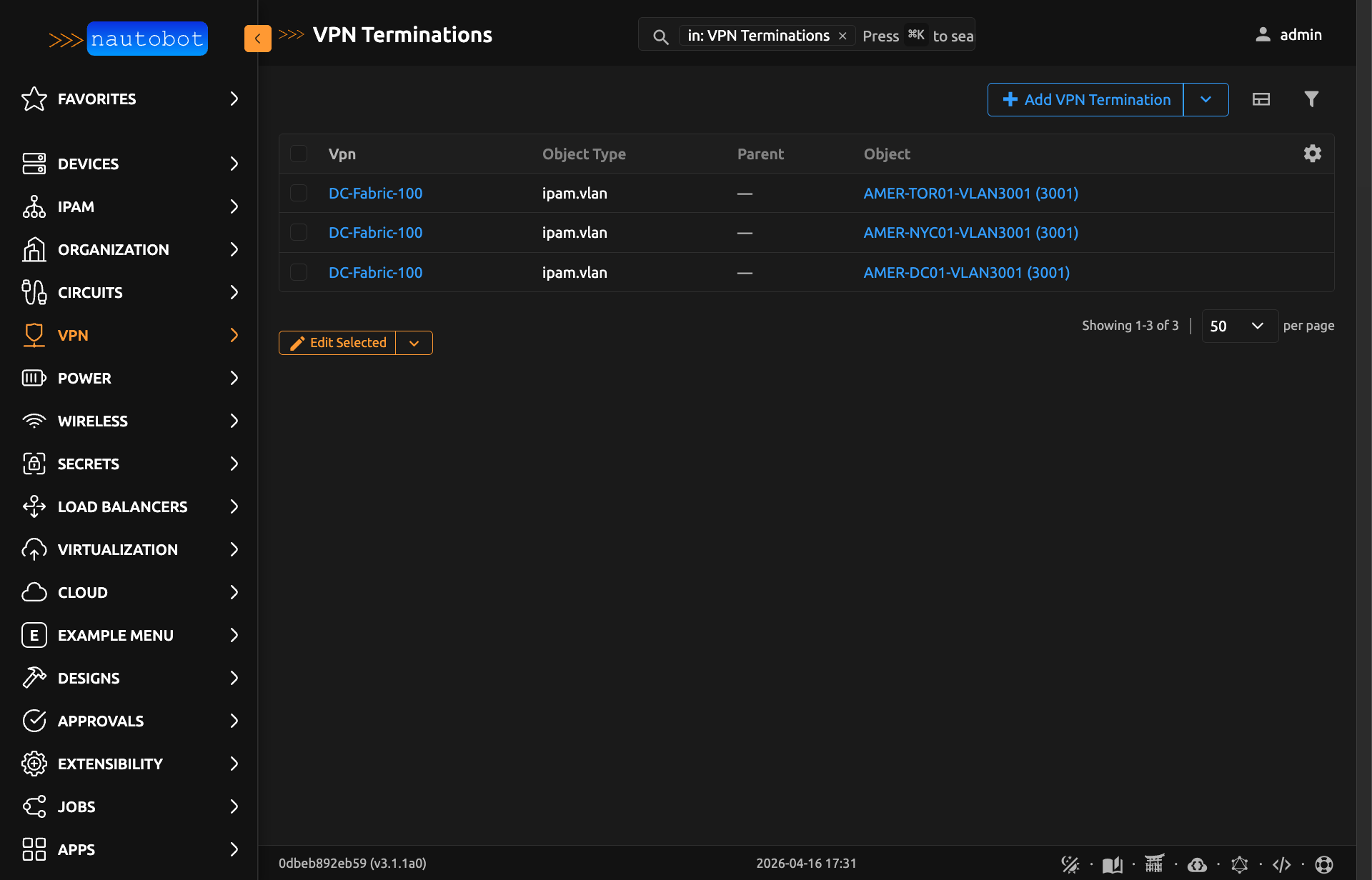 VPN Termination List View