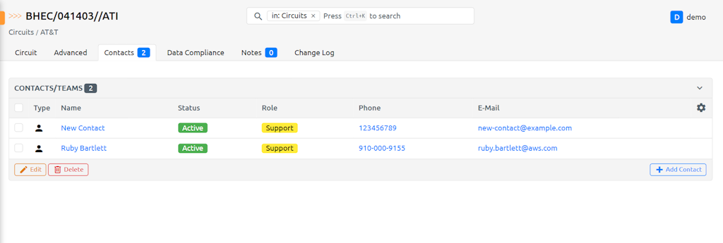 Table with New Contact and Existing Contact