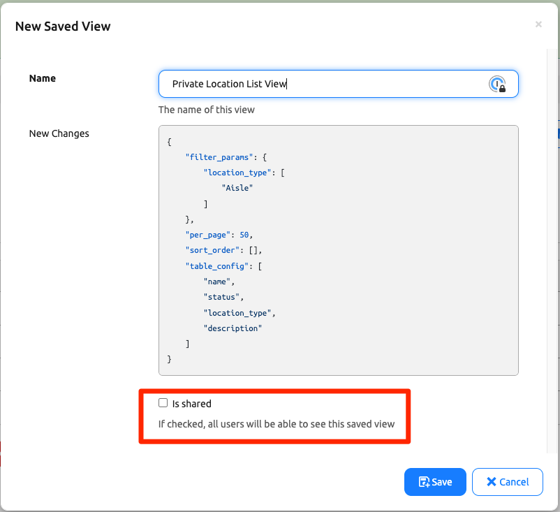Saved View Modal Unchecked