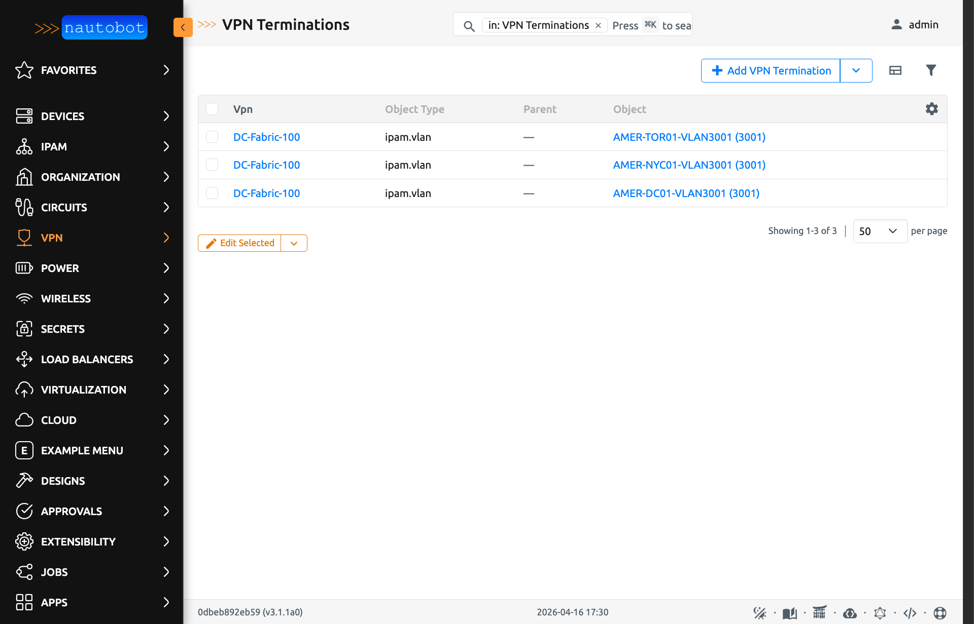 VPN Termination List View