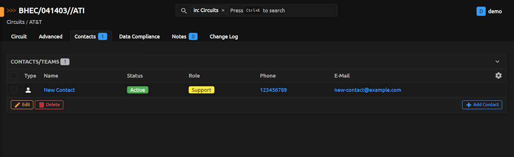Table with New Contact