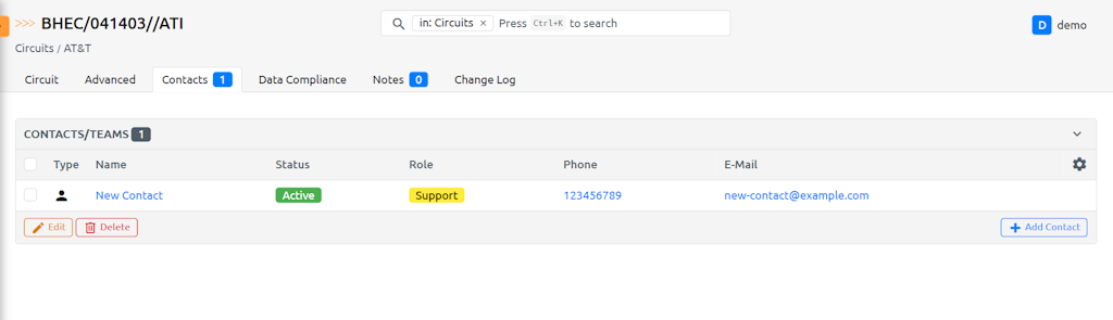Table with New Contact