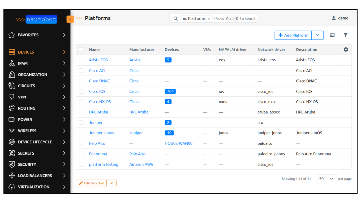 Platforms page