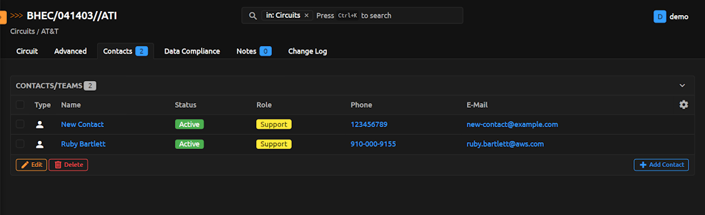 Table with New Contact and Existing Contact