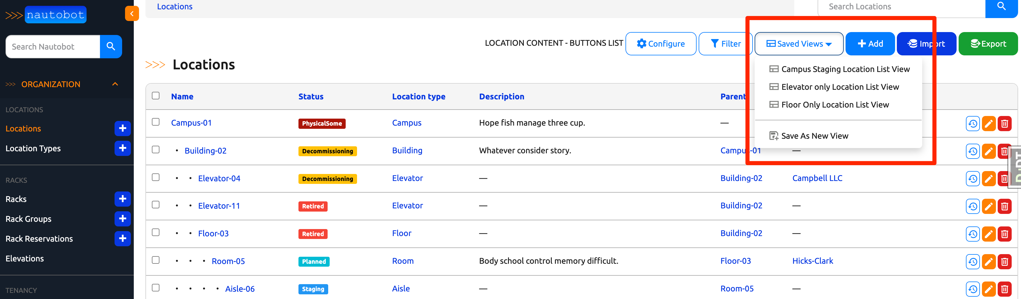 Location List View with Saved Views