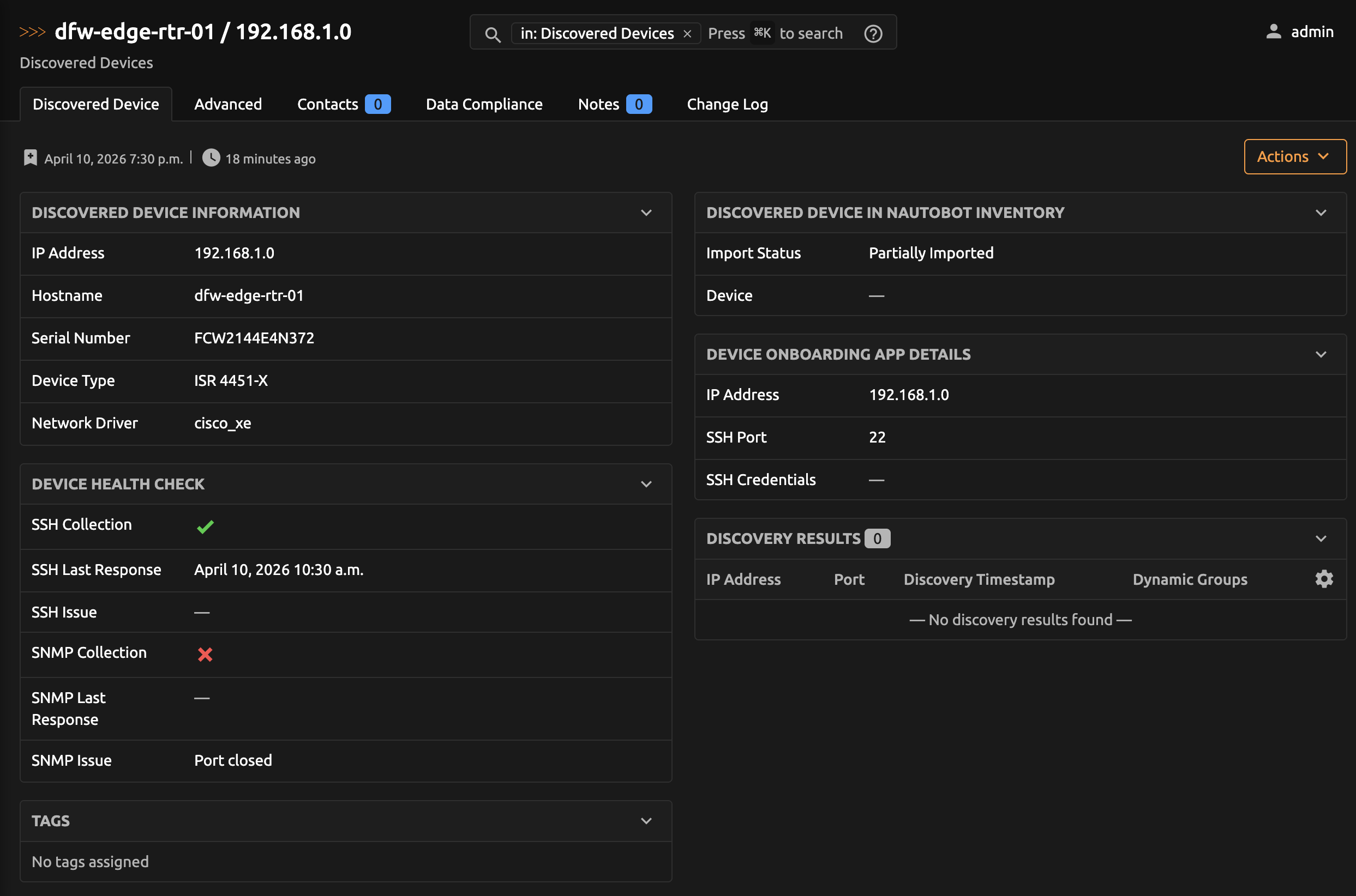 Discovered Device Detail View