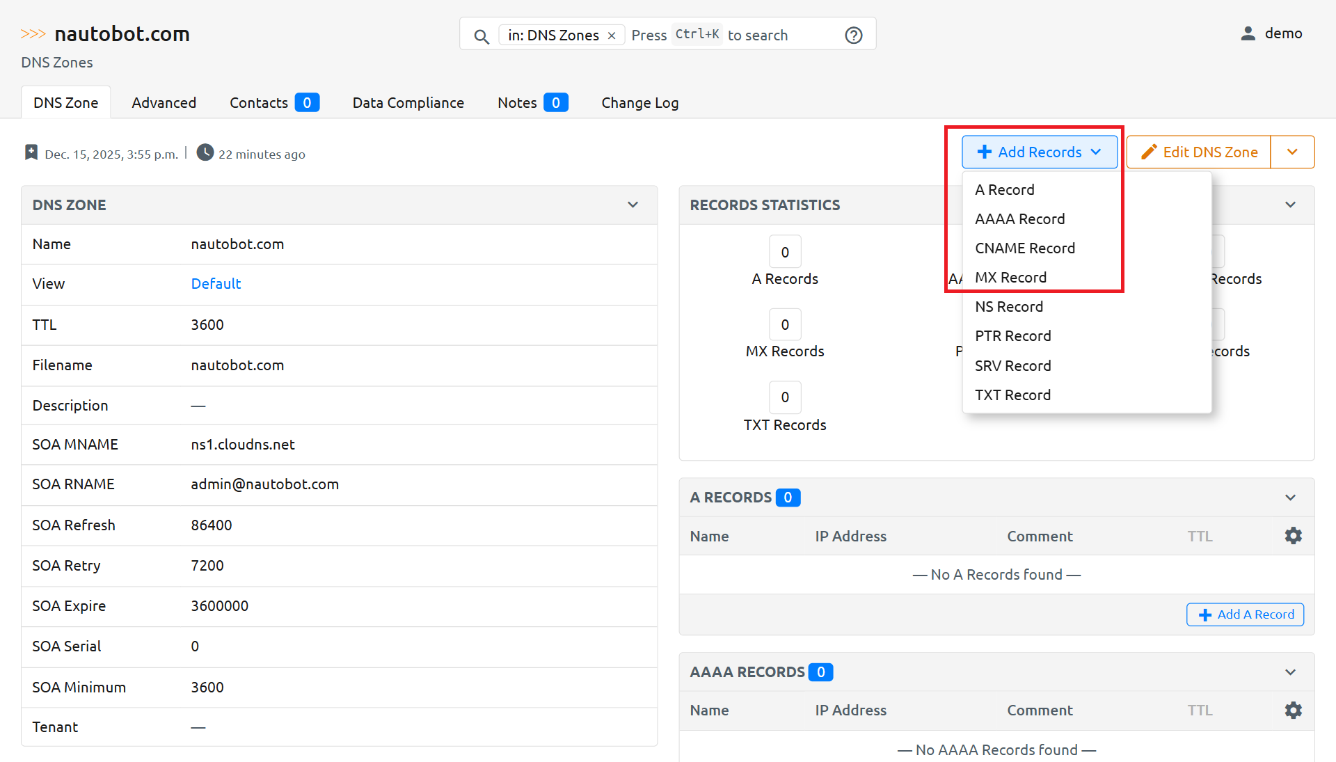 Click the Add Record button in the top right