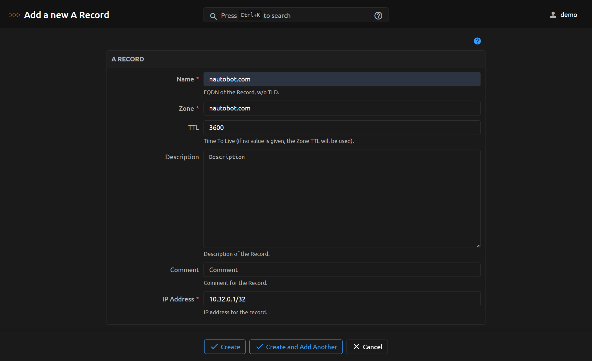 Fill out the A Record Form