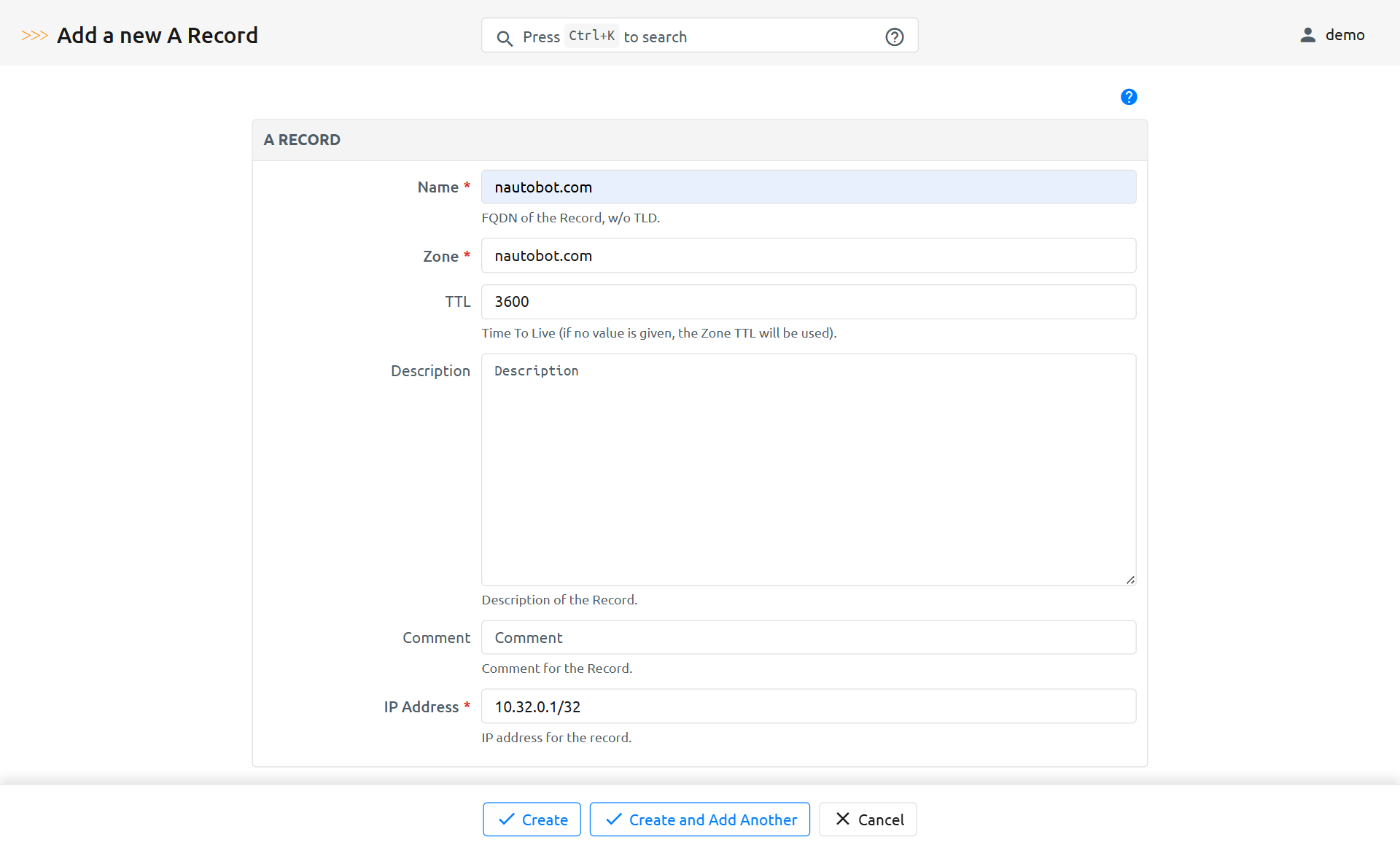 Fill out the A Record Form