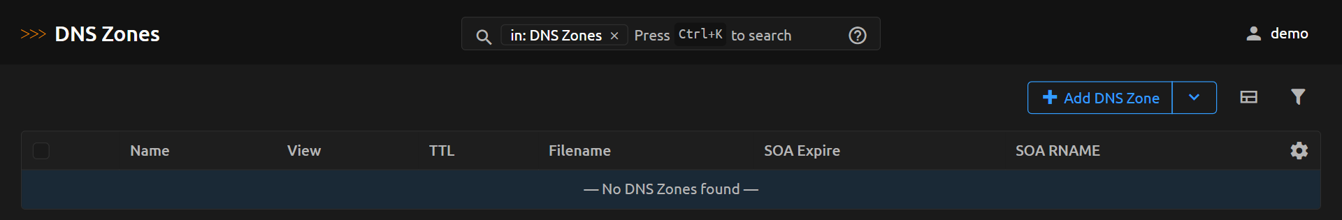 Create a DNS Zone from DNS Zone list page