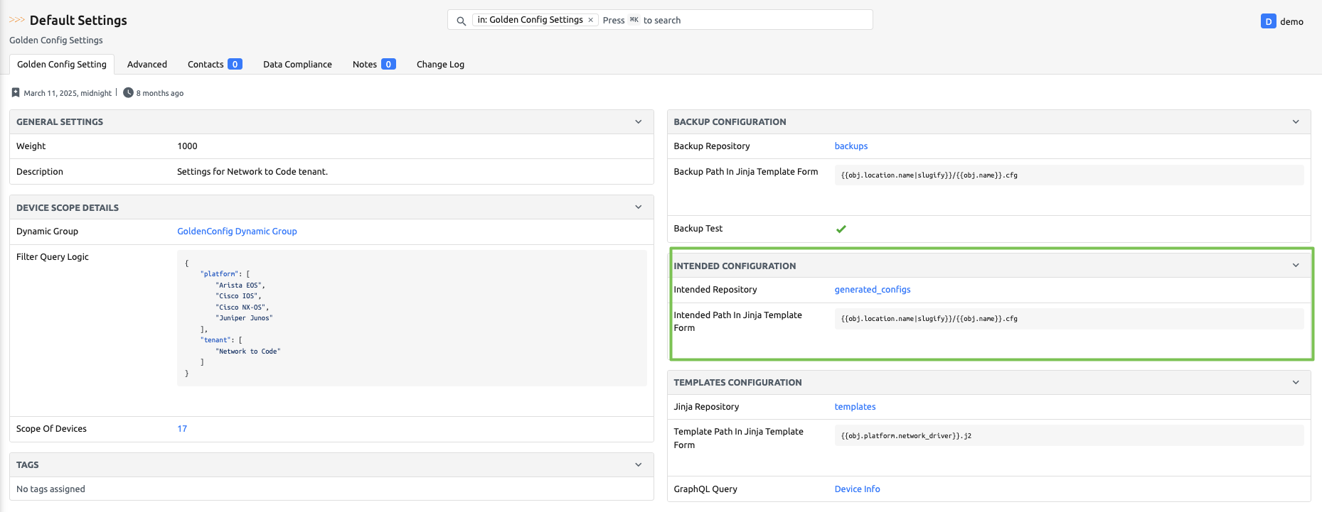 Golden Config Settings Page