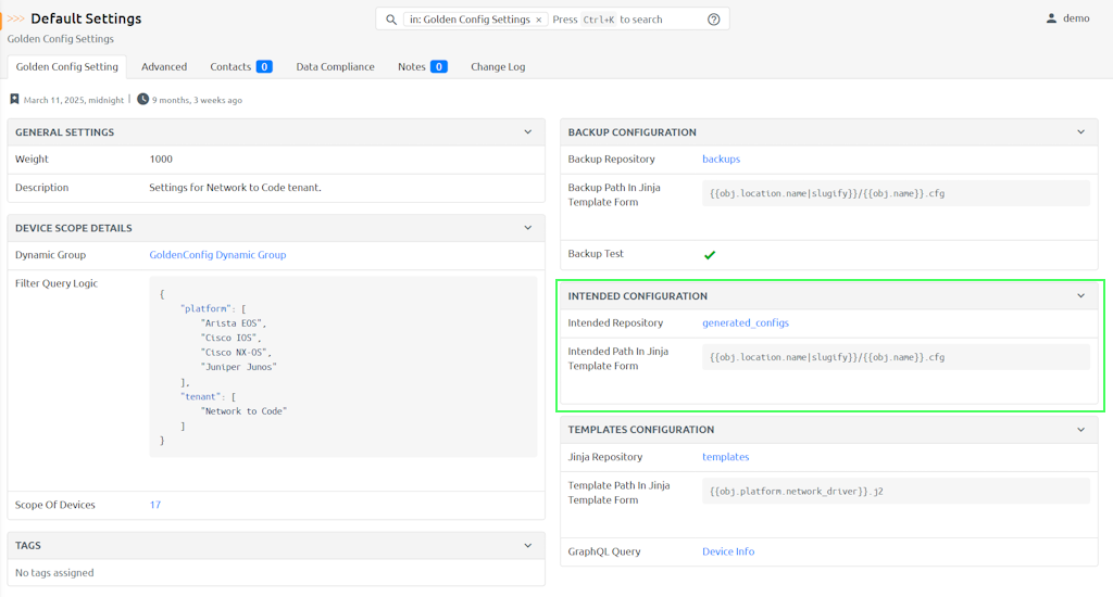 Golden Config Settings Page