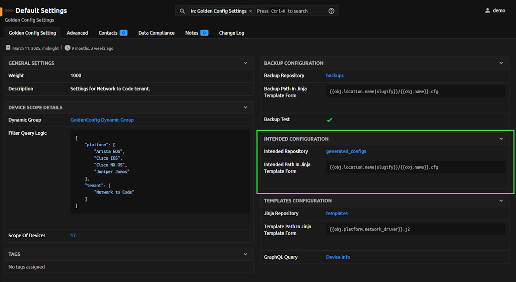 Golden Config Settings Page