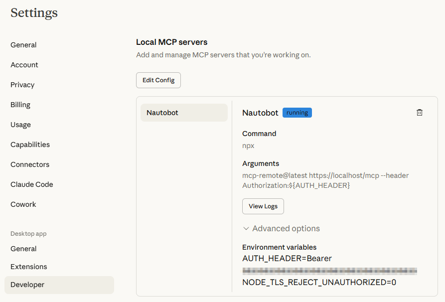 Claude Desktop Developer Settings