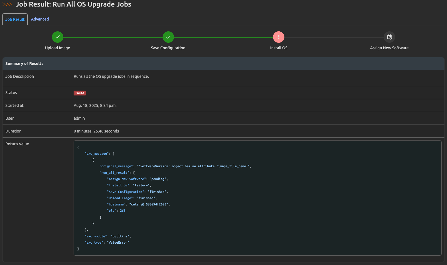 Custom Job Results Failure Web UI