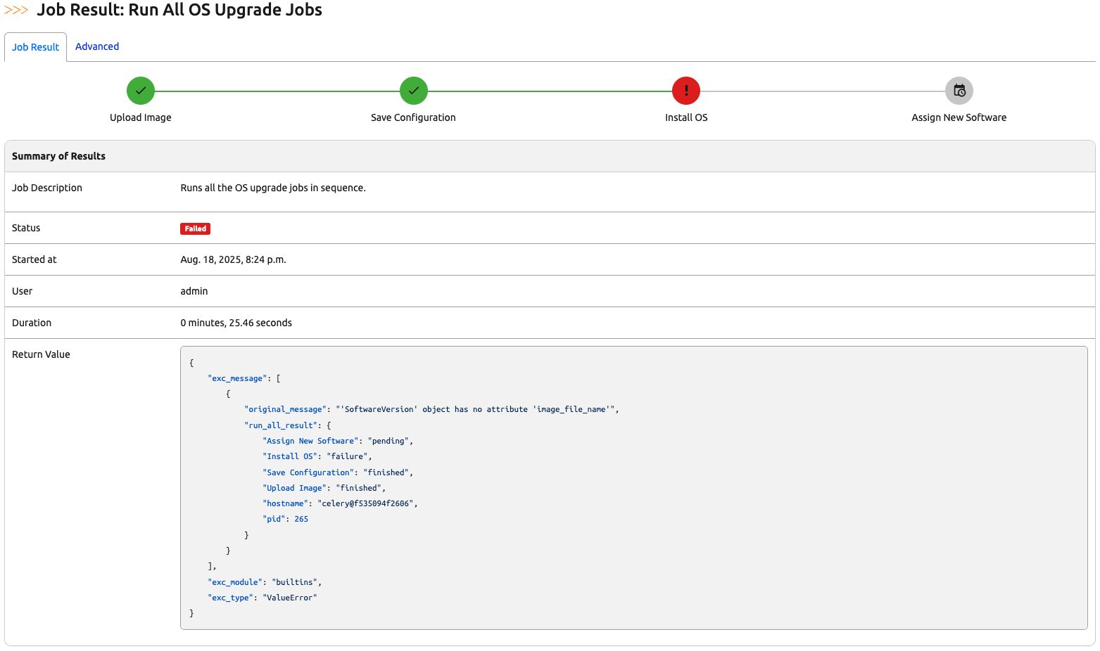 Custom Job Results Failure Web UI