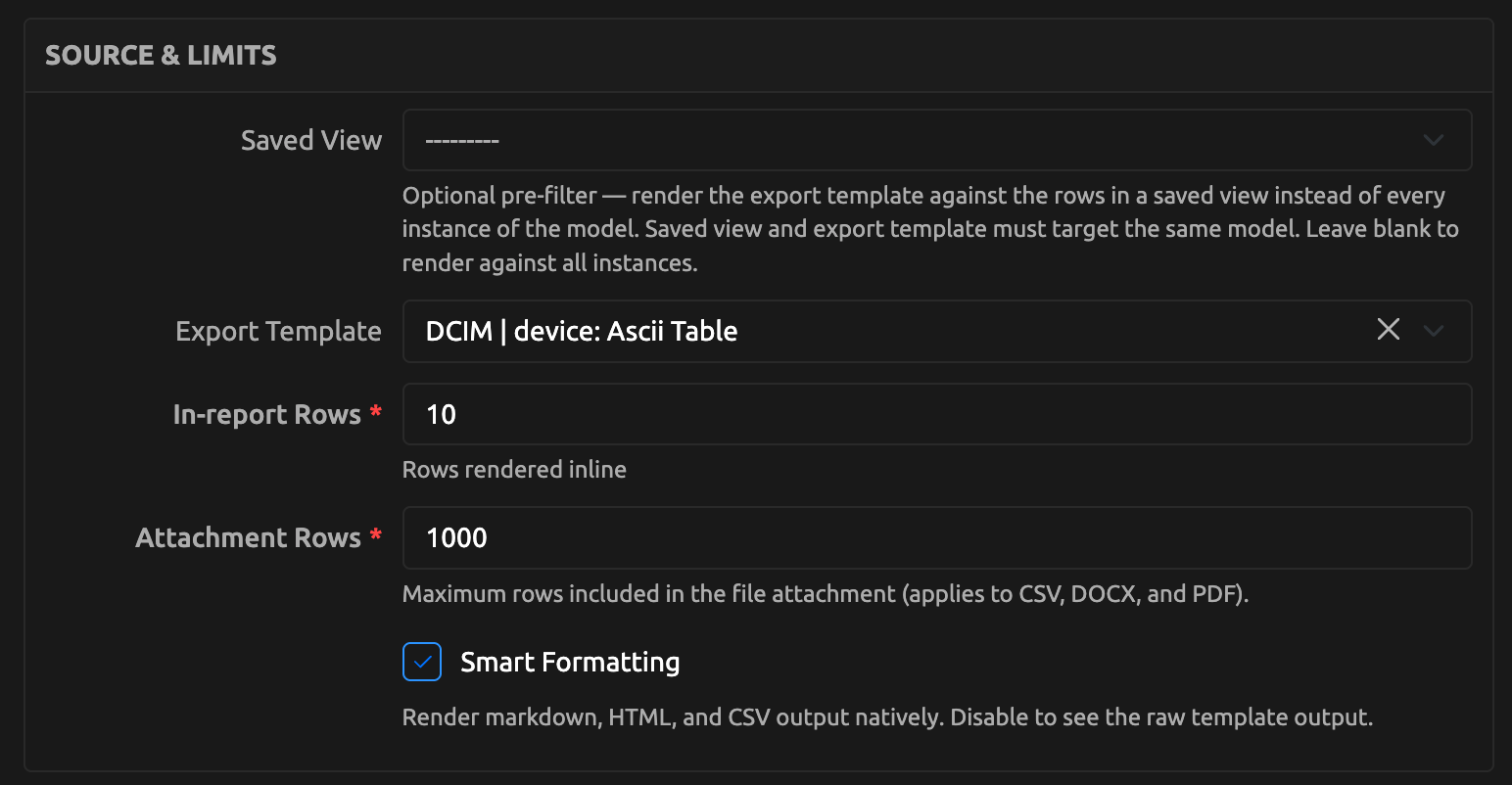 Export Template block source settings
