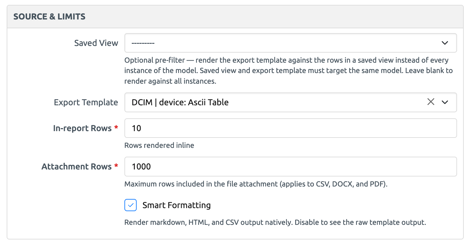 Export Template block source settings
