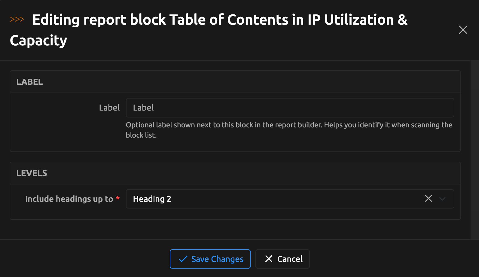 Table of Contents block settings