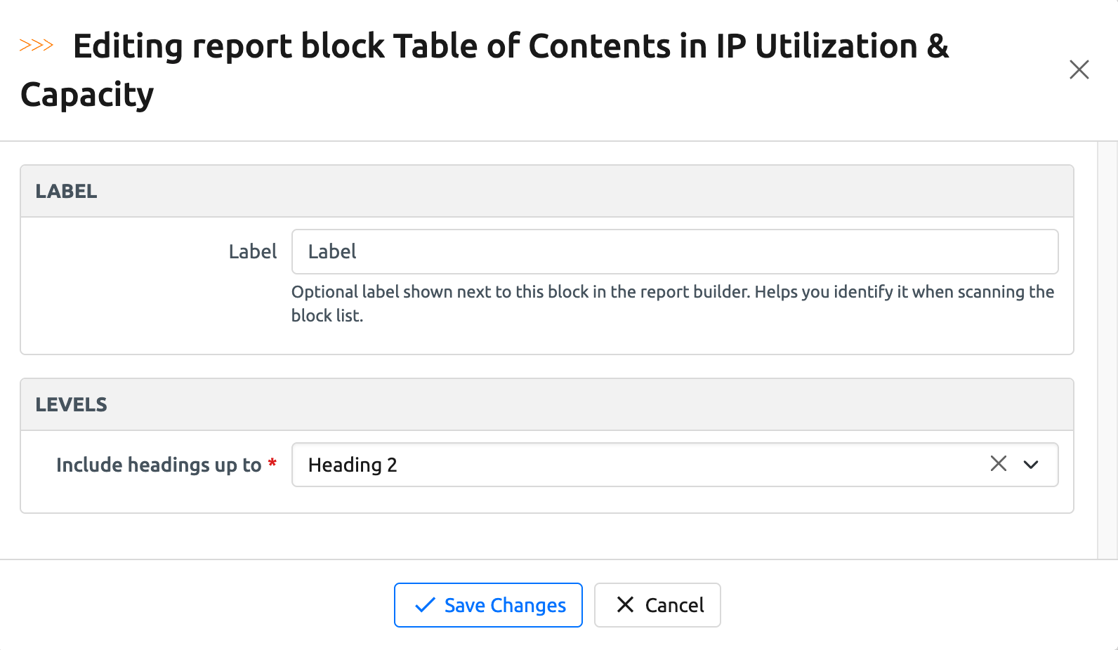 Table of Contents block settings