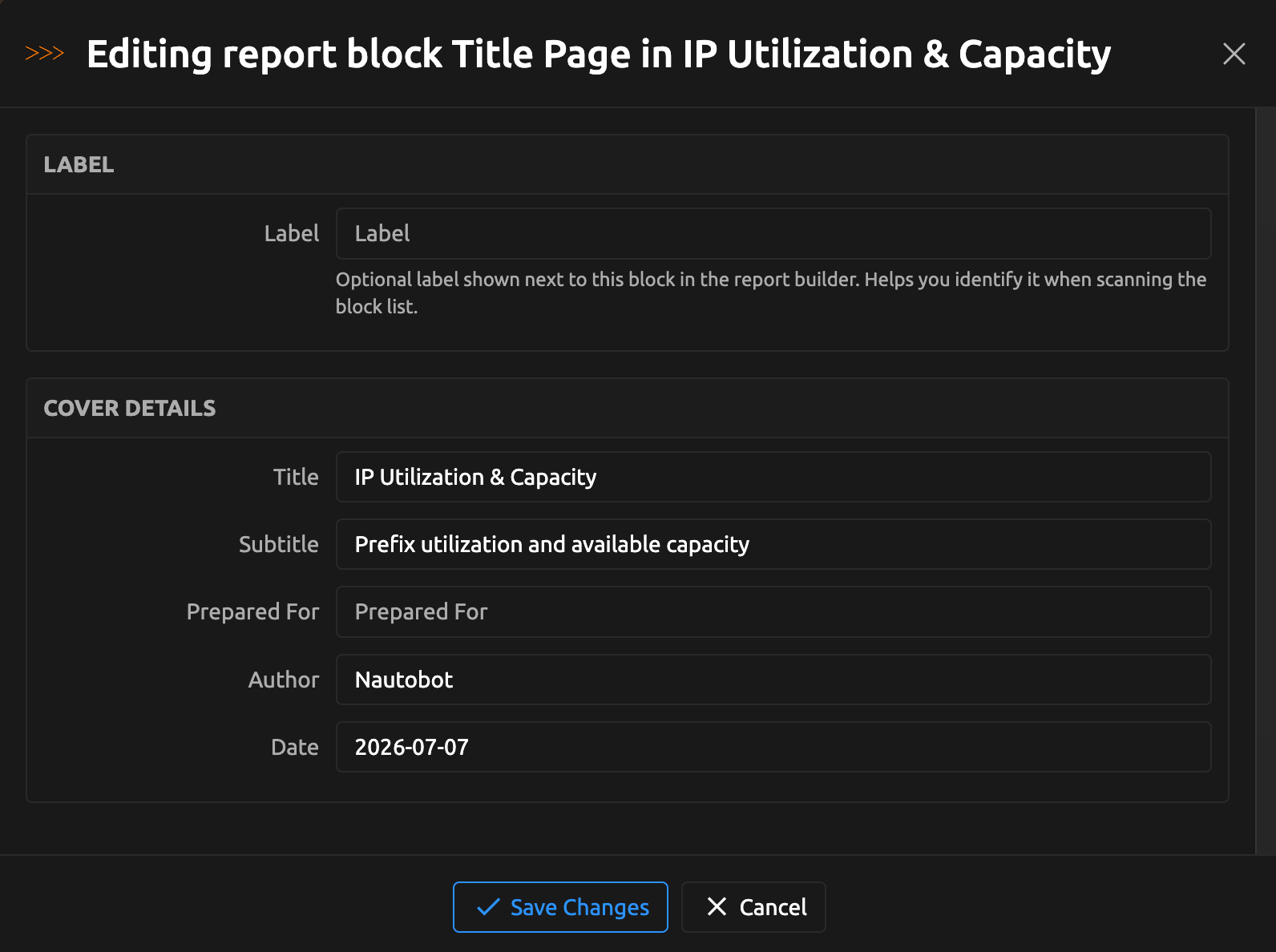Title Page block settings