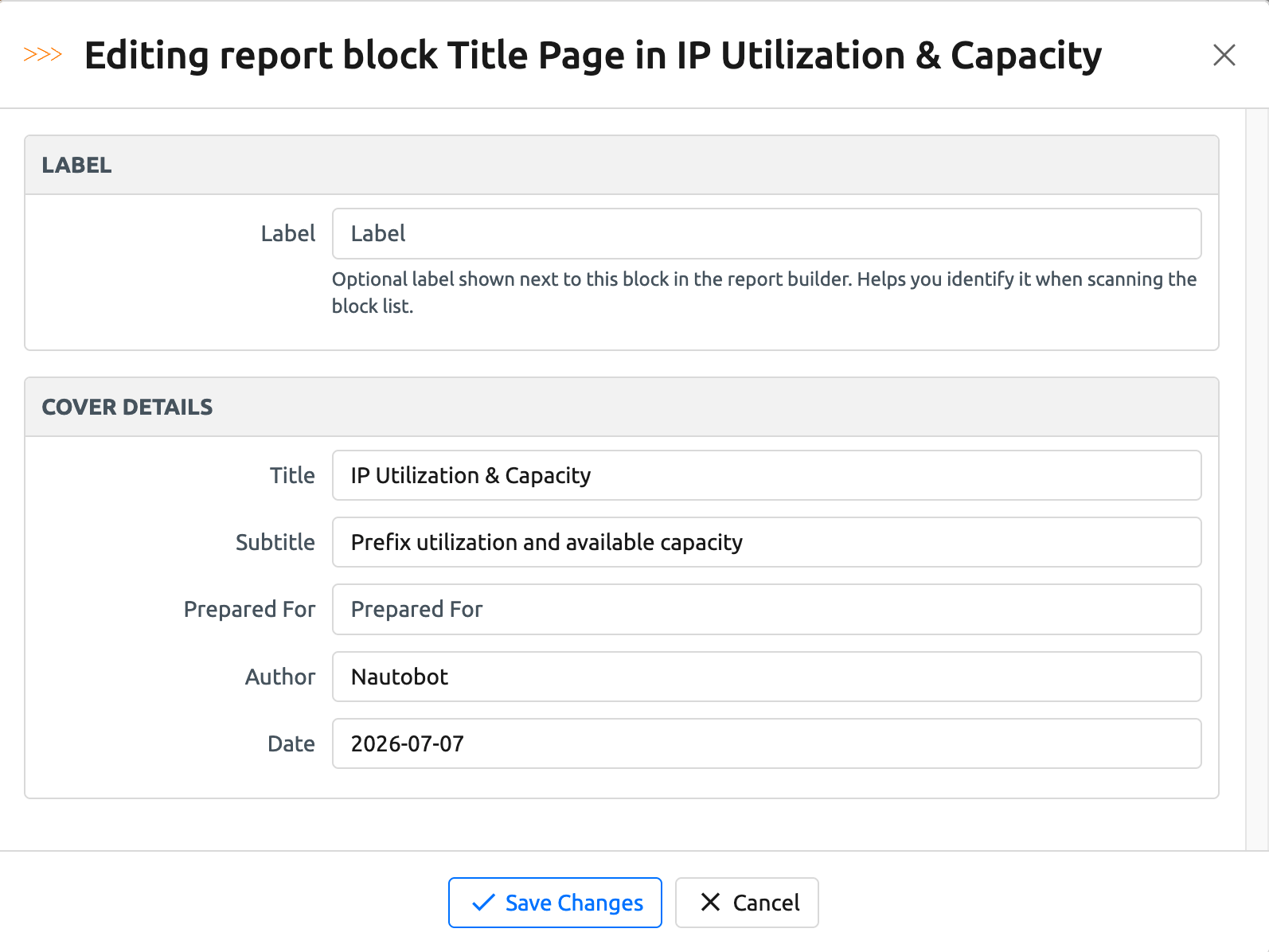 Title Page block settings