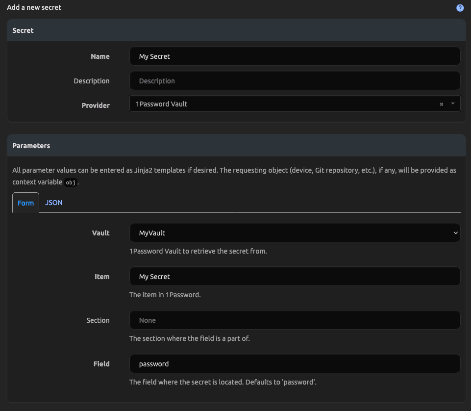 Screenshot of secret using 1Password