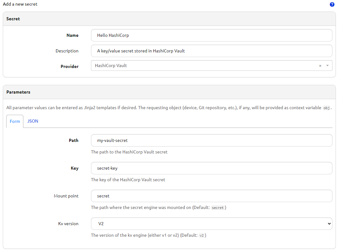 Screenshot of secret using HashiCorp Vault