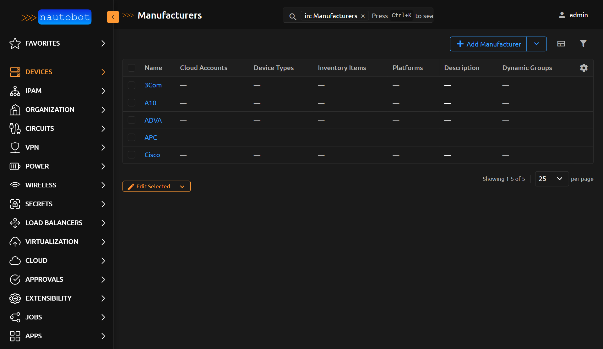 Nautobot Manufacturers