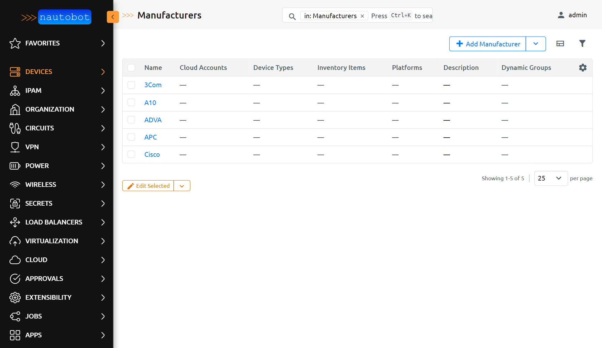 Nautobot Manufacturers